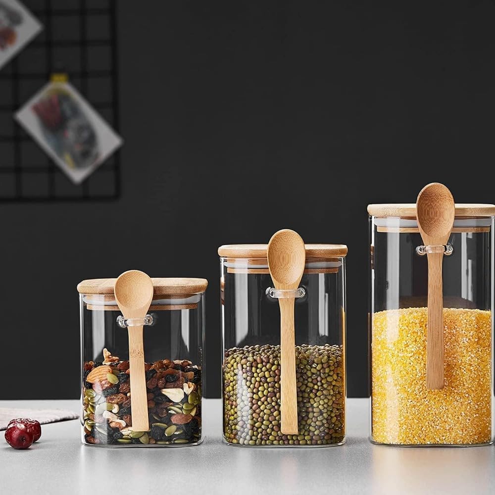 Kit Com 3 Potes De Vidro Com Colher De Bambu Premium