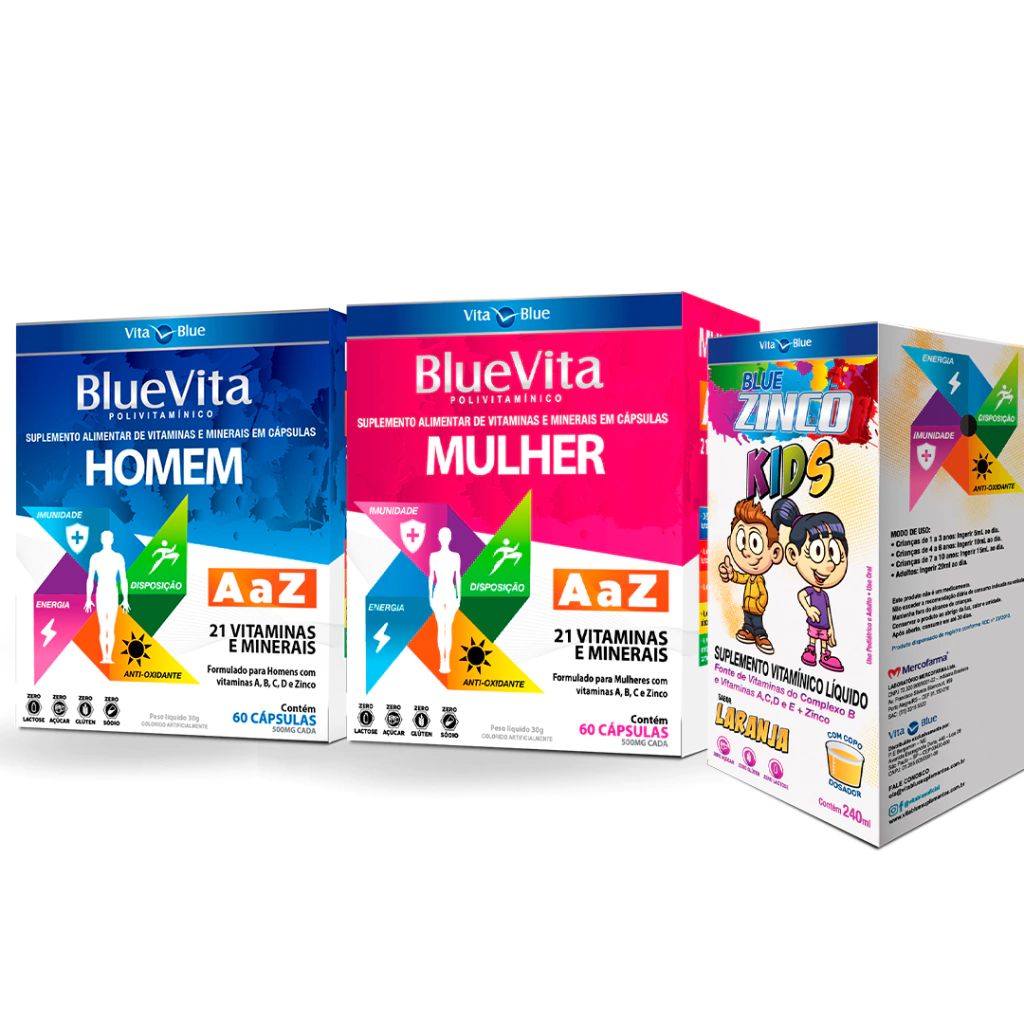 Kit Blue Vita Homem Blue Vita Mulher e Blue Zinco Kids