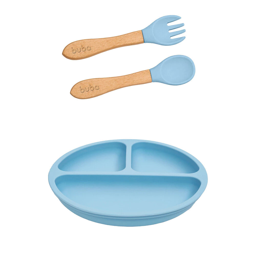 Prato Silicone C/Ventosa E Talher De Madeira e Silicone Azul