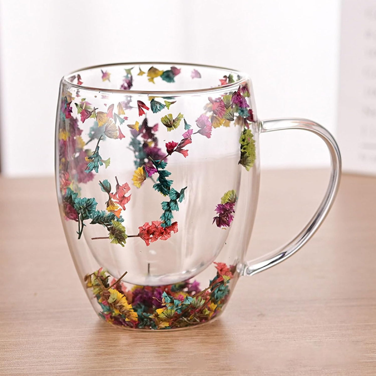 Caneca De Vidro Duplo Com Flores Secas 150 Ml Premium