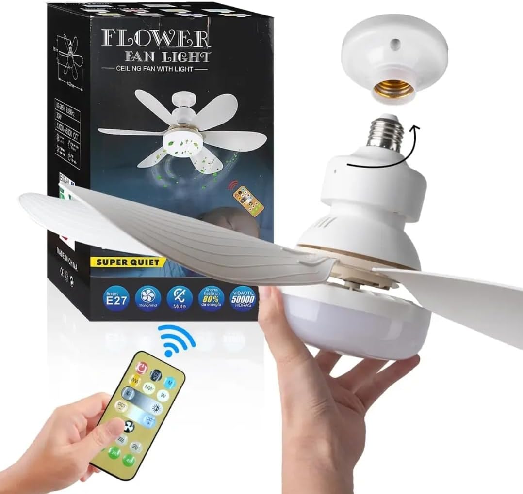 Ventilador de teto branco com luz controle remoto base E27 40w 52cm