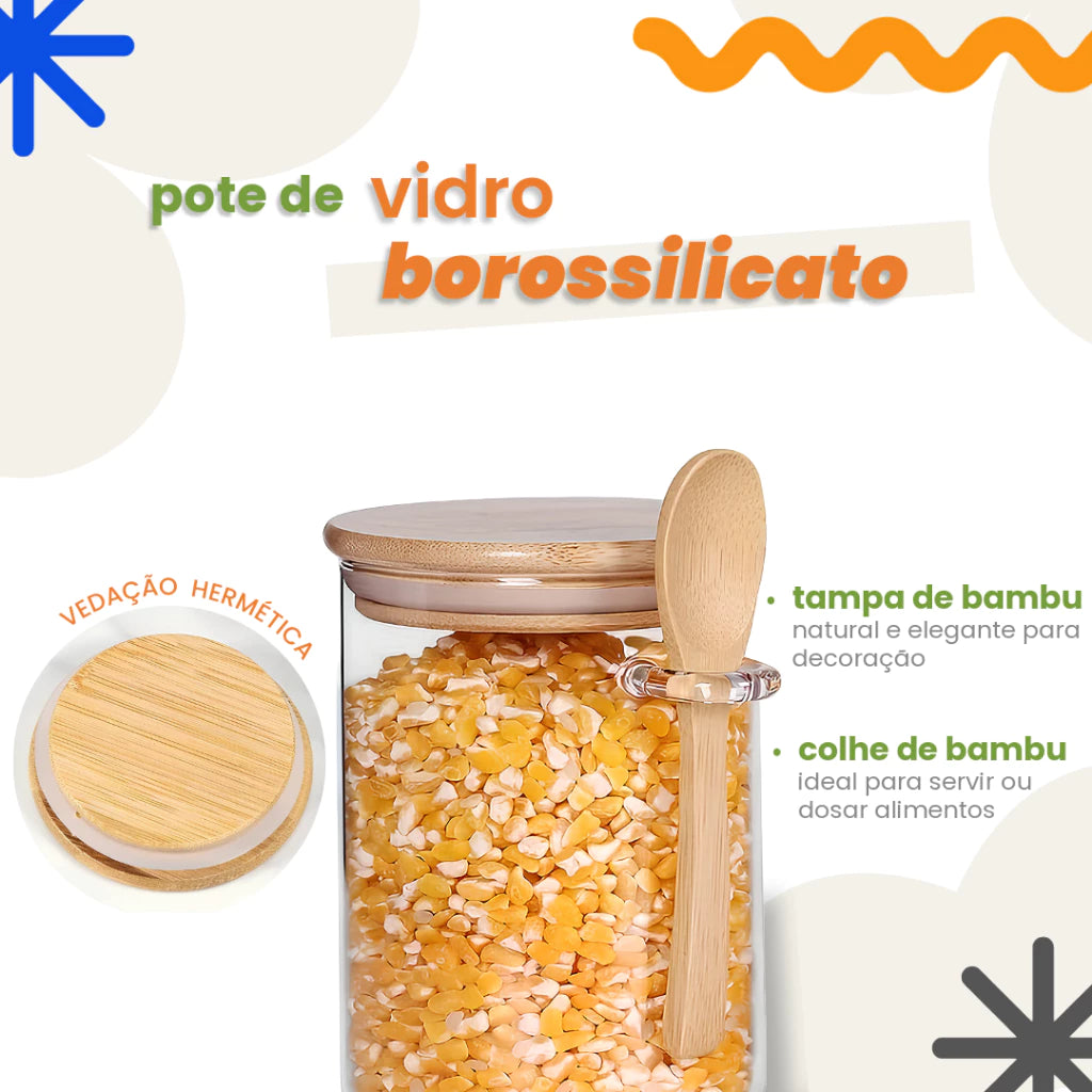 Pote De Vidro Hermético 800ml Multiuso com Colher e Tampa de Bambu