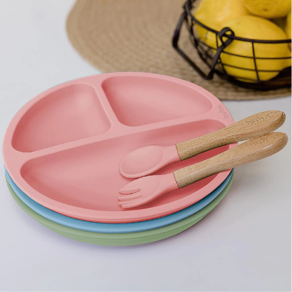Prato Silicone C/Ventosa E Talher De Madeira e Silicone Rosa