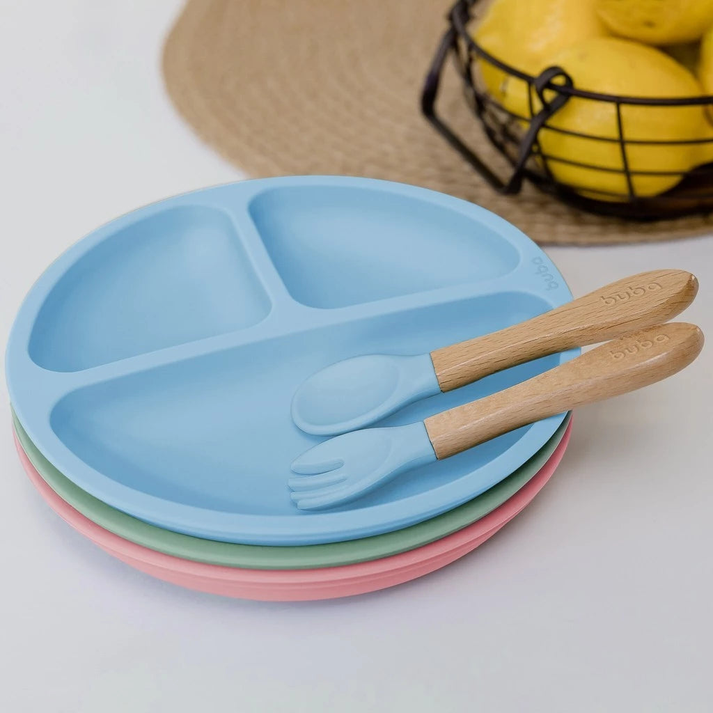 Prato Silicone C/Ventosa E Talher De Madeira e Silicone Azul
